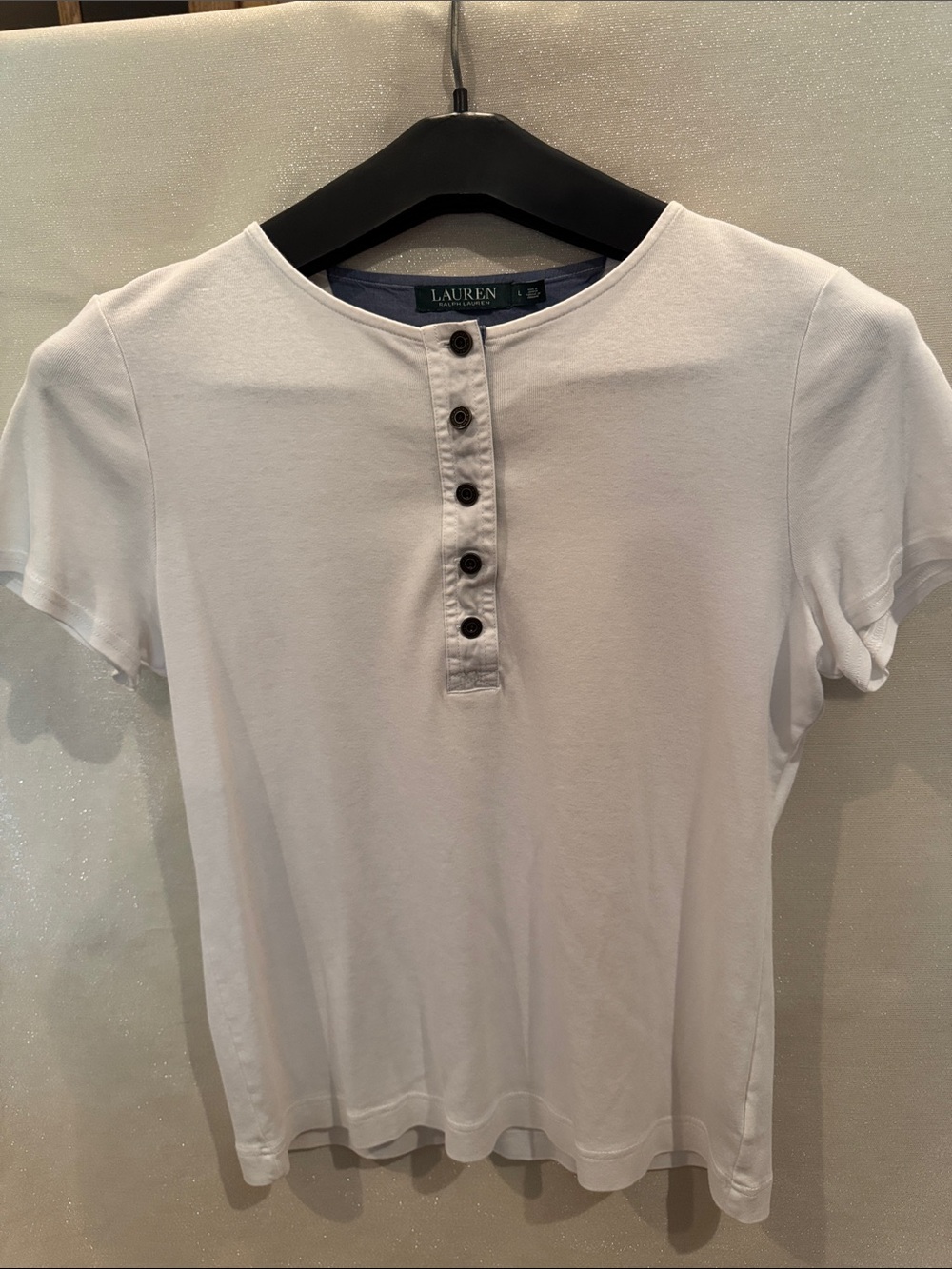 Lauren Ralph Lauren White Short-Sleeve Henley Tee with Contrast Buttons